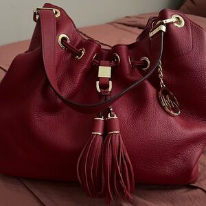Michael Kors Red Pebbled Leather Tassel Drawstring Hobo